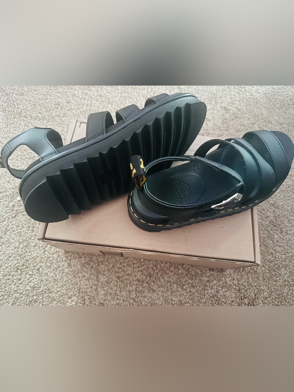 Dr. Martens Black Leather Platform Sandals with Yellow Stitching and Pull Loop